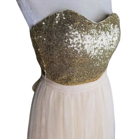 Christina Wu Prom Gown Gold Sequin Sweetheart Bodice Champagne Maxi Dress - Picture 3 of 8